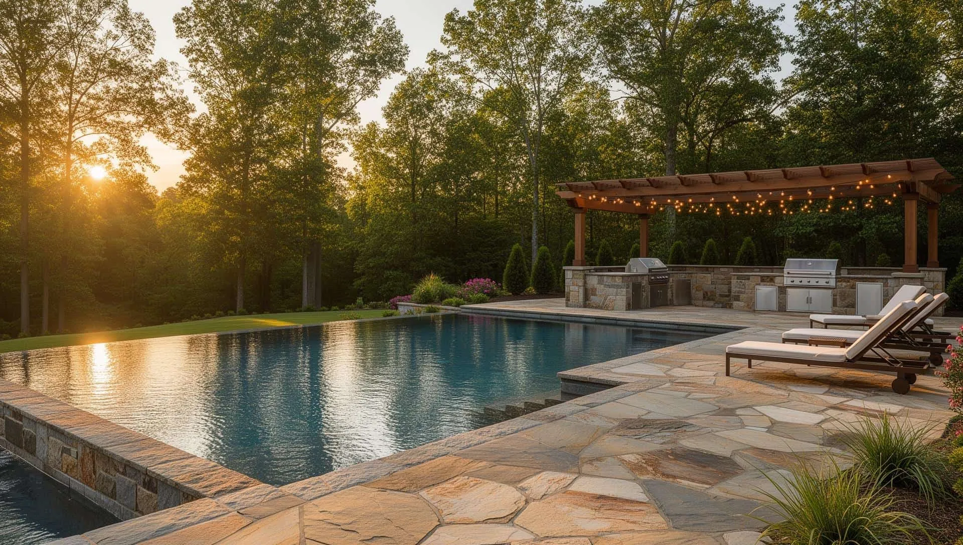 Backyard resort pool with stone terrace and outdoor entertaining areas at a Northern Virginia estate