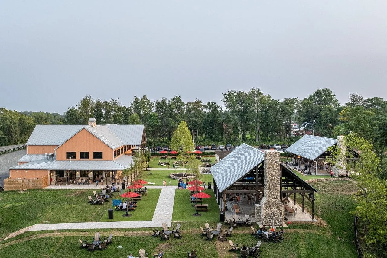 Aerial of the completed Lark Brewing campus and grounds in Aldie, Loudoun County