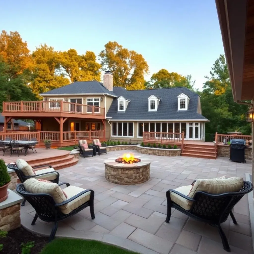 Sunset Terrace multi-level Trex composite deck with outdoor kitchen and fire pit in Eastern Loudoun County