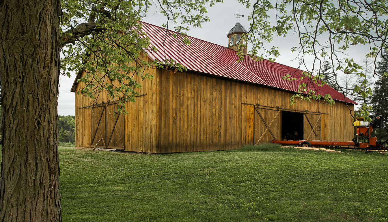 Timber frame barn with board and batten siding