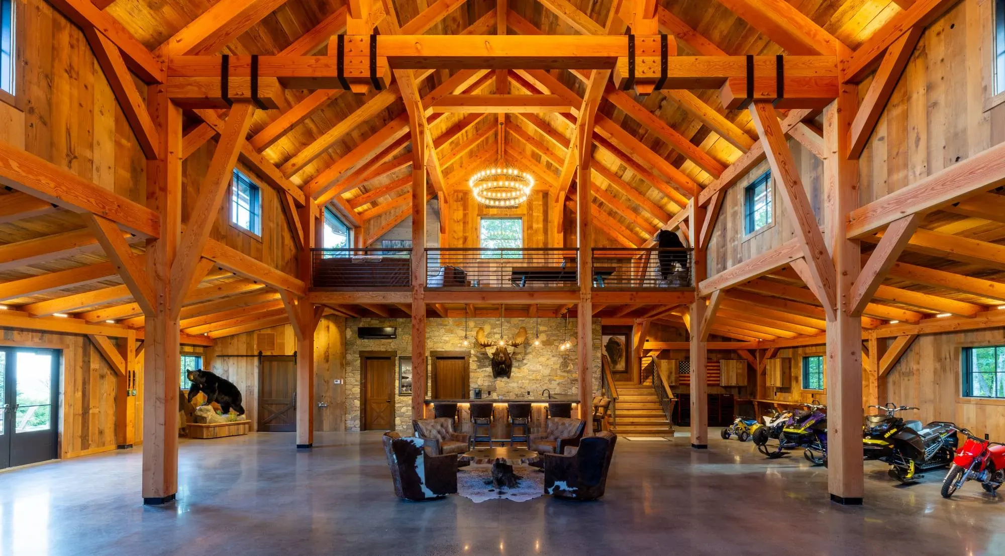 Timber frame barn interior showing exposed beams