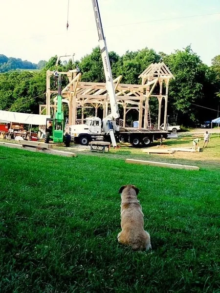 Timber frame post-and-beam raising with crane, custom home construction Loudoun County Virginia
