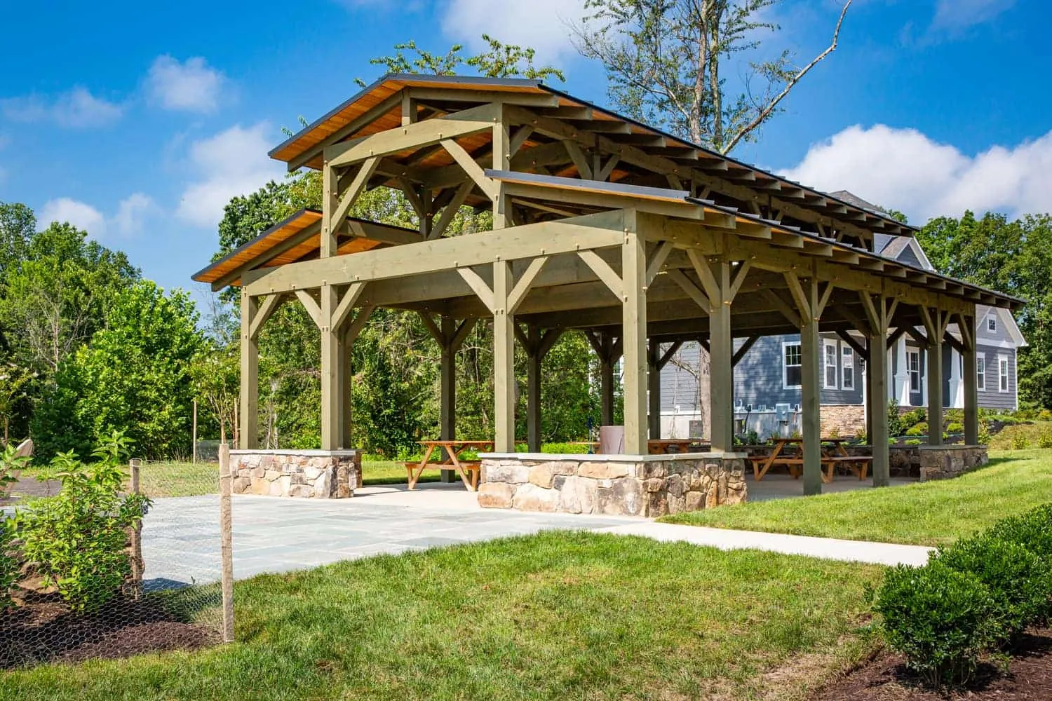 Timber frame pool pavilion at Willowsford estate, Loudoun County Virginia