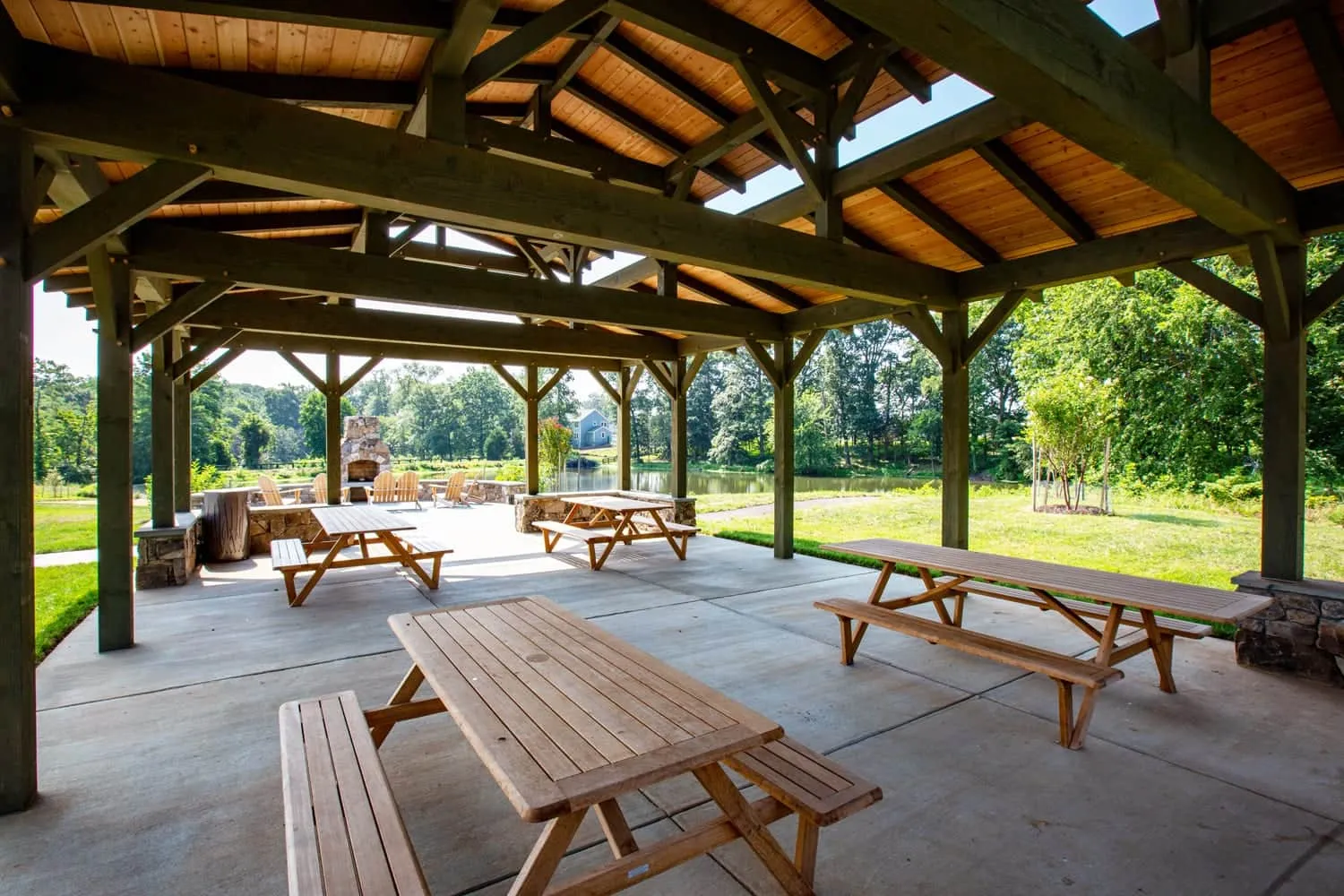 Timber frame entertaining pavilion with outdoor kitchen, Loudoun County